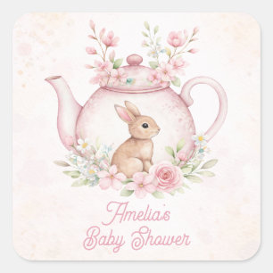 Sticker Carré Fête de bébé à motif floral et théière lapin Bunny