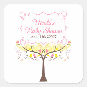 Sticker Carré Fête de Bébé Fleurie Oiseau Rose Jaune