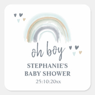 Sticker Carré Fête de Bébé Oh Garçon Bleu Boho Arc-en-Ciel Autoc