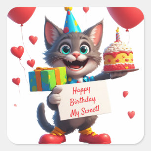 Sticker Carré Fête de chat mignon avec cadeau et cœurs ❤️