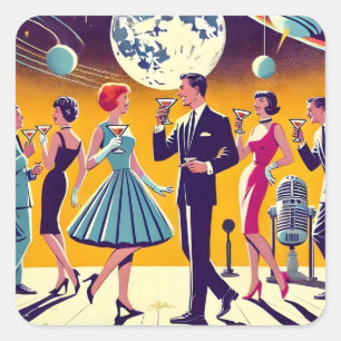 Sticker Carré Fête de cocktail d'ère spatiale milieu du siècle 6