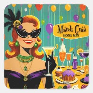 Sticker Carré Fête de cocktail rétro des années 50 Mardi Gras
