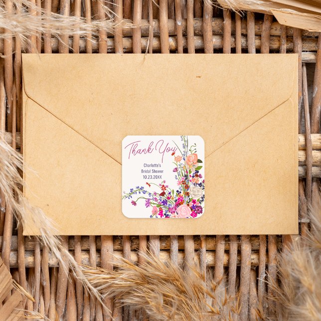Sticker Carré Fête de douche de mariée moderne avec des fleurs s (Modern wild flowers thank you bridal shower square sticker)