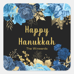 Sticker Carré Fête de Hanukkah aux fleurs bleues et or élégantes