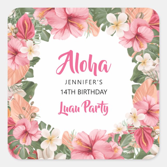 Sticker Carré Fête de Luau Tropical Hawaïen Aloha à l'Hibiscus (Devant)