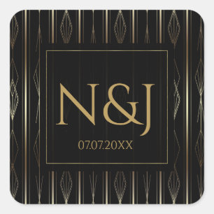 Sticker Carré Fête de mariage Art Déco noir et or