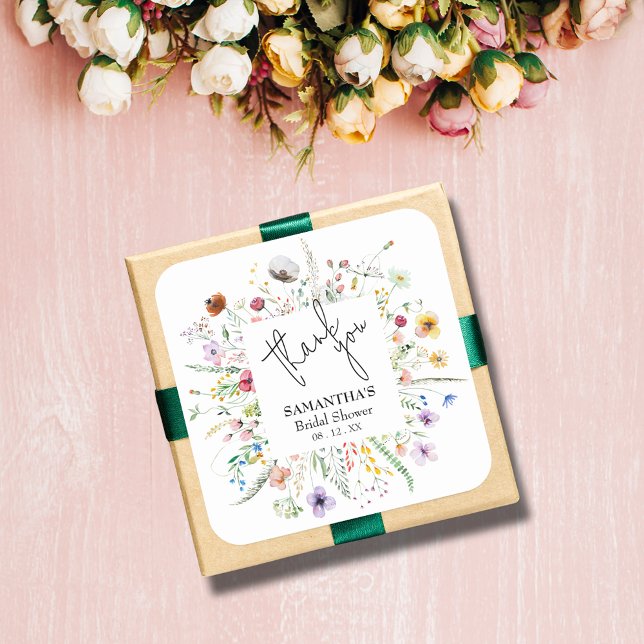 Sticker Carré Fête de mariage avec des fleurs sauvages (Wildflowers bridal shower 3" square stickers (1-1/2" available, too))