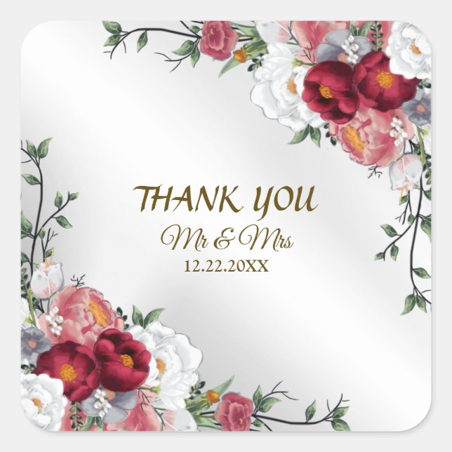 Sticker Carré Fête de mariage coloré Rouge Floral Argent élégant (Devant)