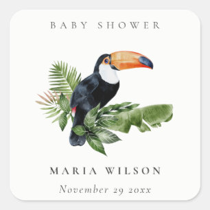 Sticker Carré Fête de Naissance Bébé Forêt Tropicale Toucan Feui