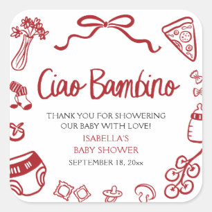 Sticker Carré Fête de naissance Ciao Bambino Pizza dessinée à la