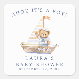 Sticker Carré Fête de naissance de ourson marin "Ahoy C'est un g