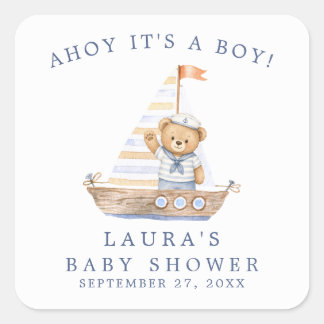 Sticker Carré Fête de naissance de ourson marin "Ahoy C'est un g