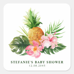 Sticker Carré Fête de naissance été tropical ananas aquarelle