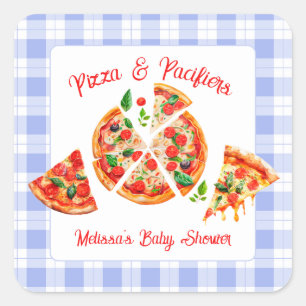 Sticker Carré Fête de naissance garçon Pizza et Tétines Gingham