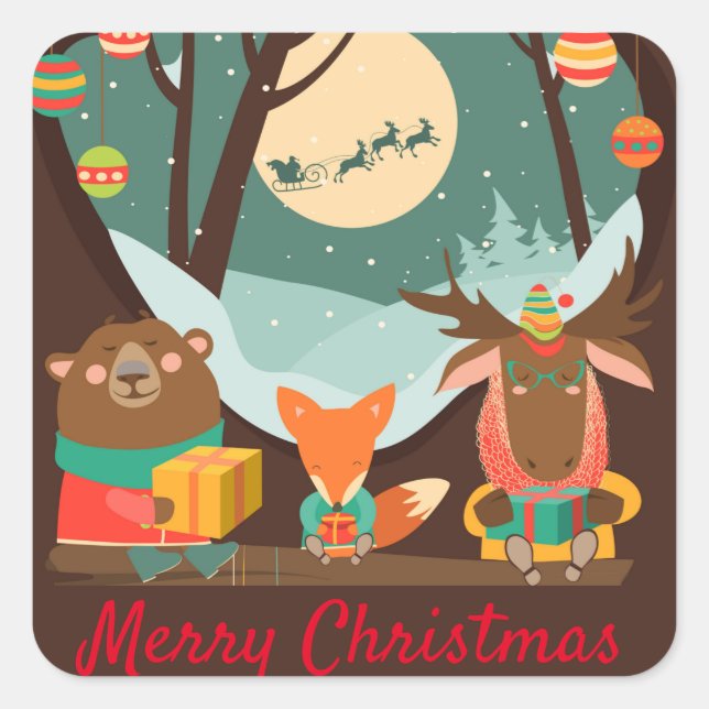 Sticker Carré Fête de Noël Animaux forestiers mignons (Devant)