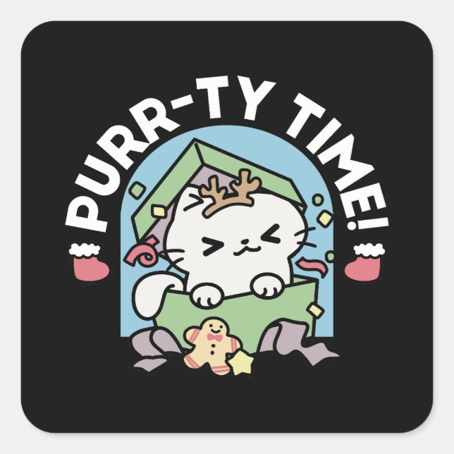 Sticker Carré Fête de Noël avec Purr-ty Time Cat (Devant)