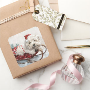 Sticker Carré Fête de Noël de Chien de Coton De Tulear