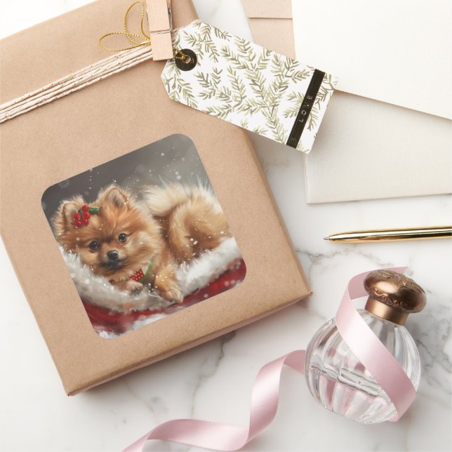 Sticker Carré Fête de Noël de Chien de Poméranie (Cadeaux)