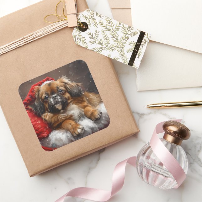 Sticker Carré Fête de Noël de Chien Espagnol Tibétain (Cadeaux)