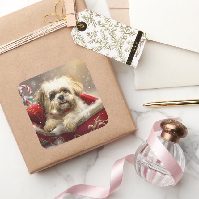 Sticker Carré Fête de Noël de Chien Malti Tzu (Cadeaux)