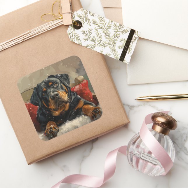 Sticker Carré Fête de Noël de chien Rottweiler (Cadeaux)