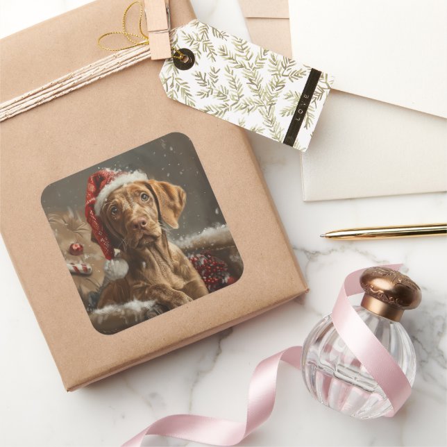 Sticker Carré Fête de Noël de Chien Vizsla (Cadeaux)