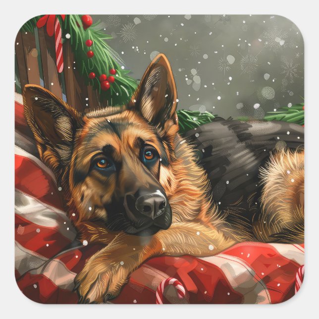 Sticker Carré Fête de Noël du berger allemand Chien (Devant)