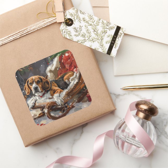 Sticker Carré Fête de Noël du chien beagle (Cadeaux)