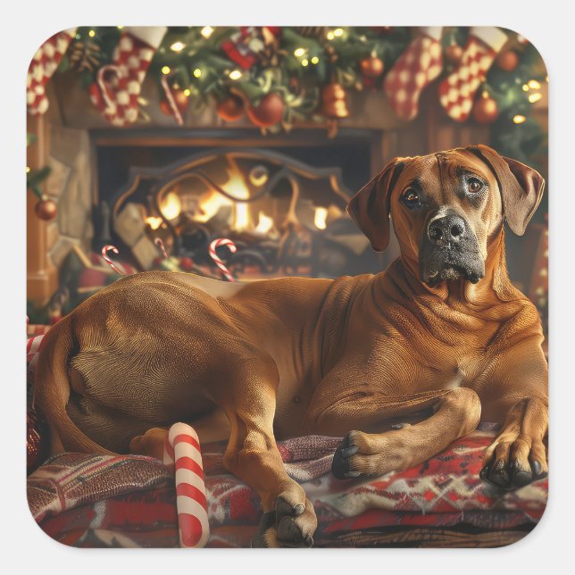 Sticker Carré Fête de Noël du chien de Rhodesian Ridgeback (Devant)