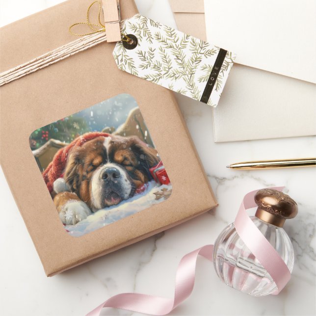 Sticker Carré Fête de Noël du chien Mastiff Tibétain (Cadeaux)