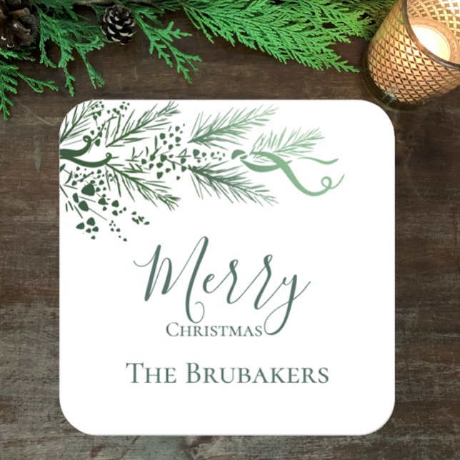 Sticker Carré Fête de Noël simple et moderne personnalisée (Personalize this unique pine and berries greenery Merry Christmas holiday sticker. Original simple.)