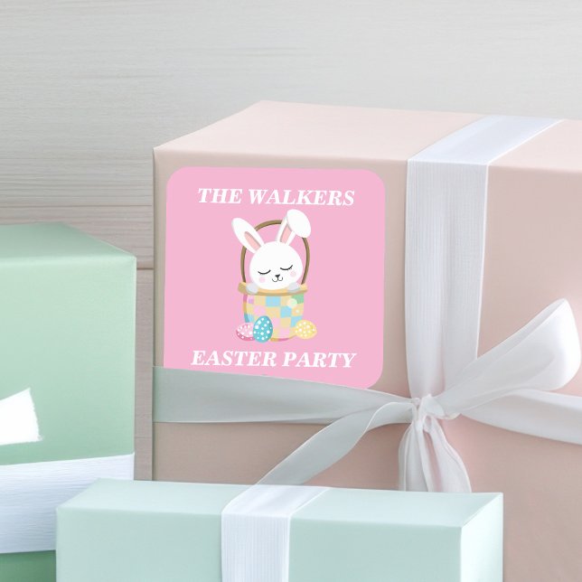Sticker Carré Fête de Pâques personnalisée avec un lapin rose mi (Créateur téléchargé)