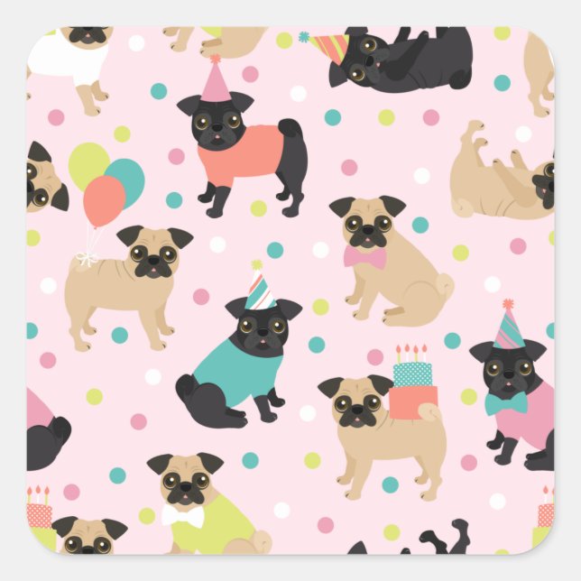 Sticker Carré Fête de Pug Birthday (Devant)