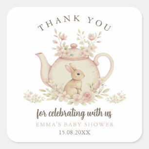 Sticker Carré Fête de thé de lapin neutre Remerciement pour Baby