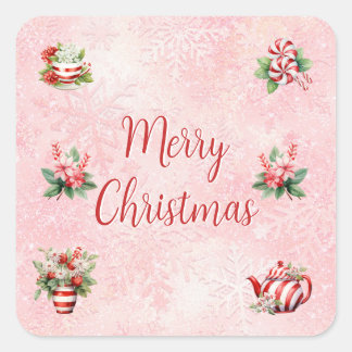 Sticker Carré Fête de thé de Noël Peppermenthe Pink Snowflake