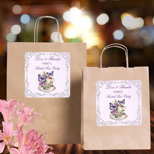 Sticker Carré Fête de thé victorienne aux papillons violets (Purple butterflies Victorian bridal tea party bridal shower thank you favor Sticker)