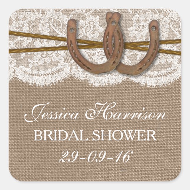 Sticker Carré Fête des mariées Rustique Burlap & Lace Horseshoe (Devant)