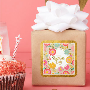 Sticker Carré Fête des Mères Florale Élégante Aquarelle Fleur Sa