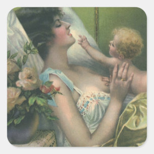Sticker Carré Fête des Mères vintage, maman victorienne avec béb