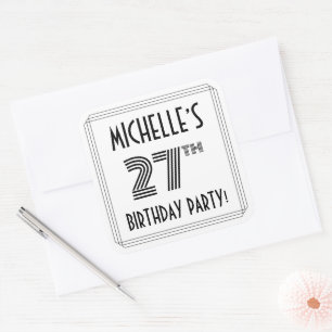 Sticker Carré Fête du 27e anniversaire : Style Art Déco + Nom pe