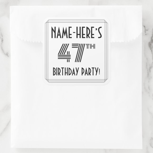 Sticker Carré Fête du 47ème anniversaire : Style Art Déco + Nom  (Sac)