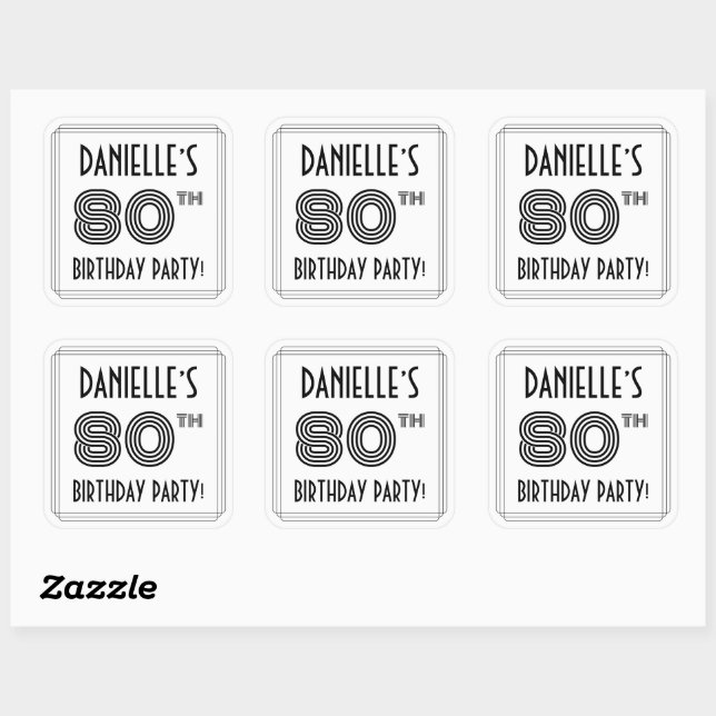 Sticker Carré Fête du 80e anniversaire : Style Art Déco + Nom pe (Feuille)