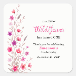 Sticker Carré Fête du premier anniversaire Elegant Pink Wildflow