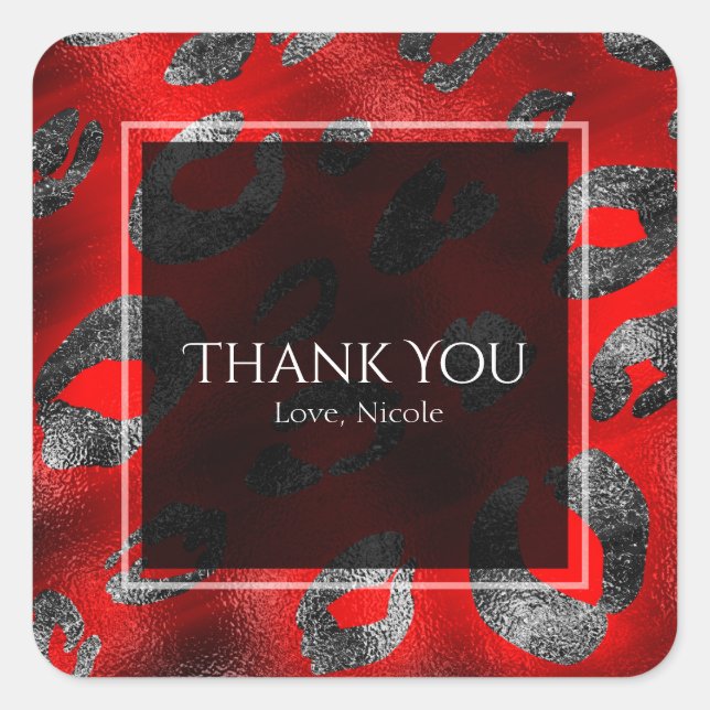 Sticker Carré Fête Empreinte de léopard Rouge & Argent Favoriser (Devant)