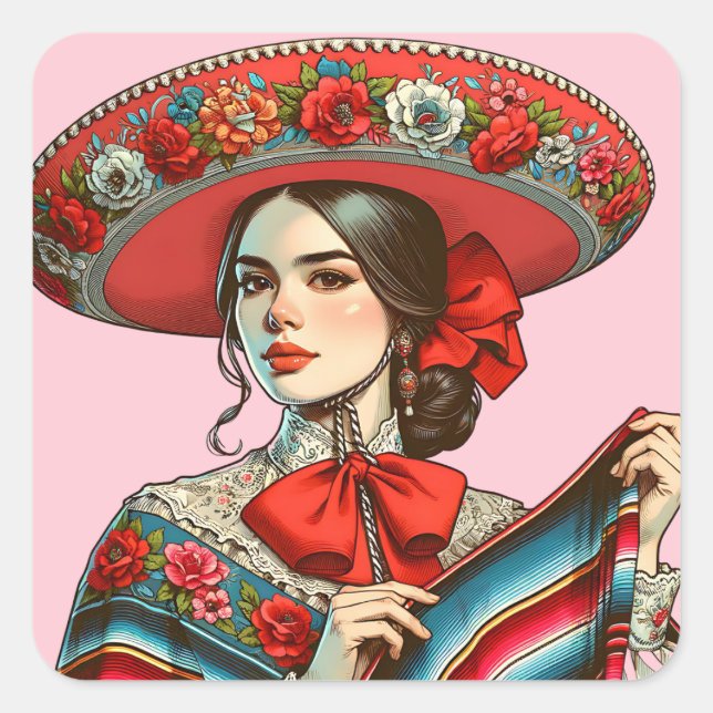 Sticker Carré Fête Fiesta Mujer Mariachi Party Favoriser (Devant)