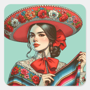 Sticker Carré Fête Fiesta Mujer Mariachi Party Favoriser