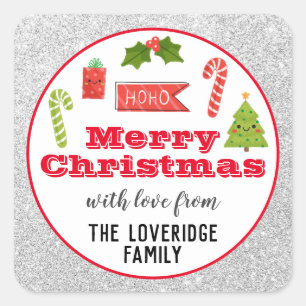 Sticker Carré Fête Joyeux Noël Rouge Parties scintillant argent