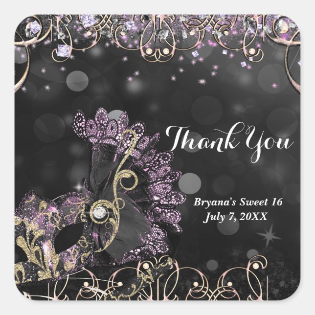 Sticker Carré Fête Mascarade de costume noir & rose violet (Devant)