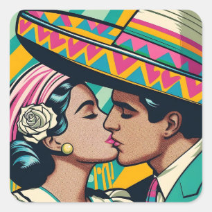 Sticker Carré Fête mexicaine de baiser rétro Fiesta Sombrero