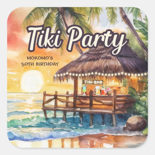 Sticker Carré Fête Tropical Beach Tiki Anniversaire (Devant)